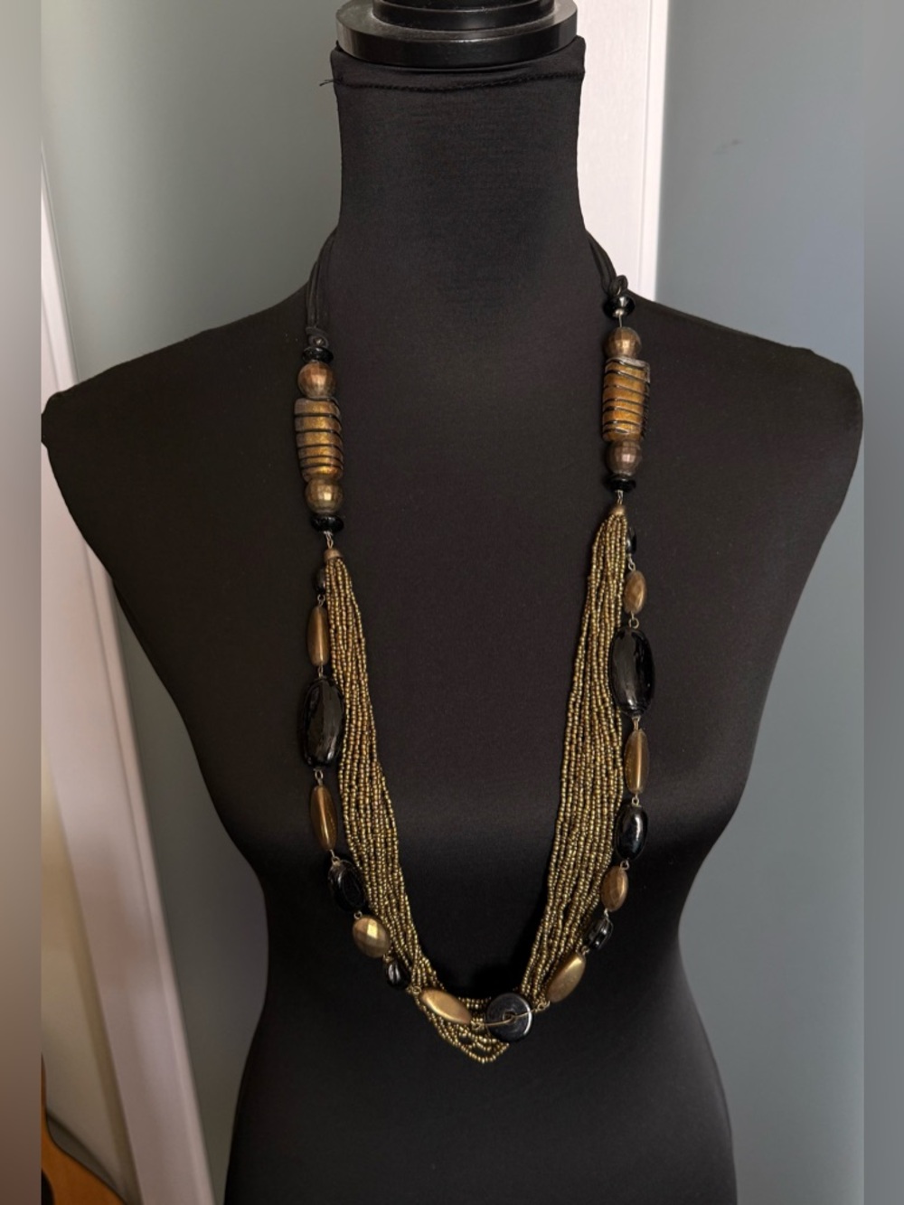 Multi-Strand Black and Gold Beaded Statement Necklace